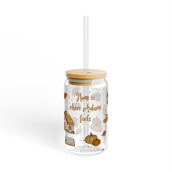 Autumn-Themed Sipper Glass, Cozy Drinkware for Fall Gatherings, Home Decor, Gifts, and Seasonal Celebrations