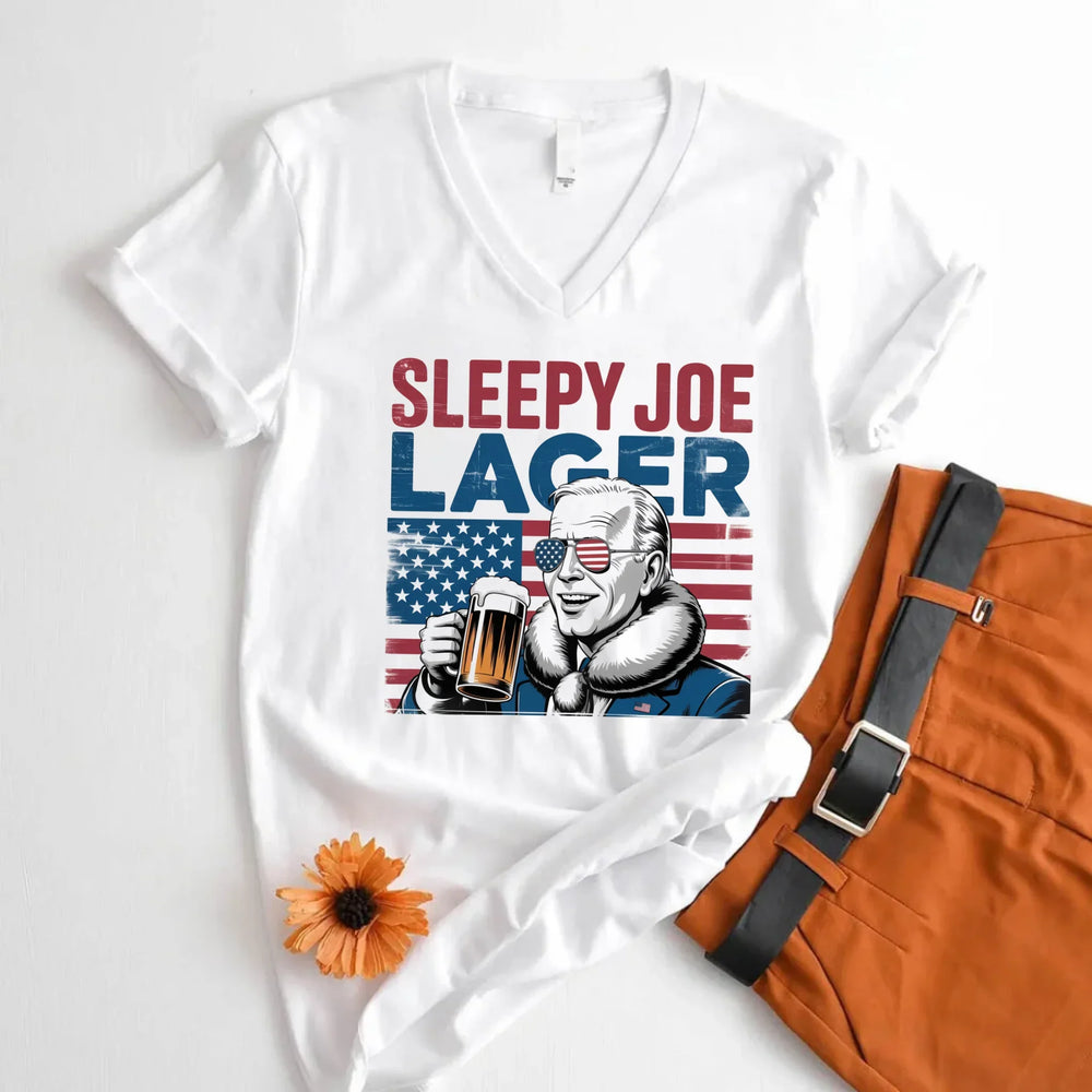 Sleepy Joe Lager V-Neck T-Shirt β Biden-Inspired Funny Beer Tee for 4th of July