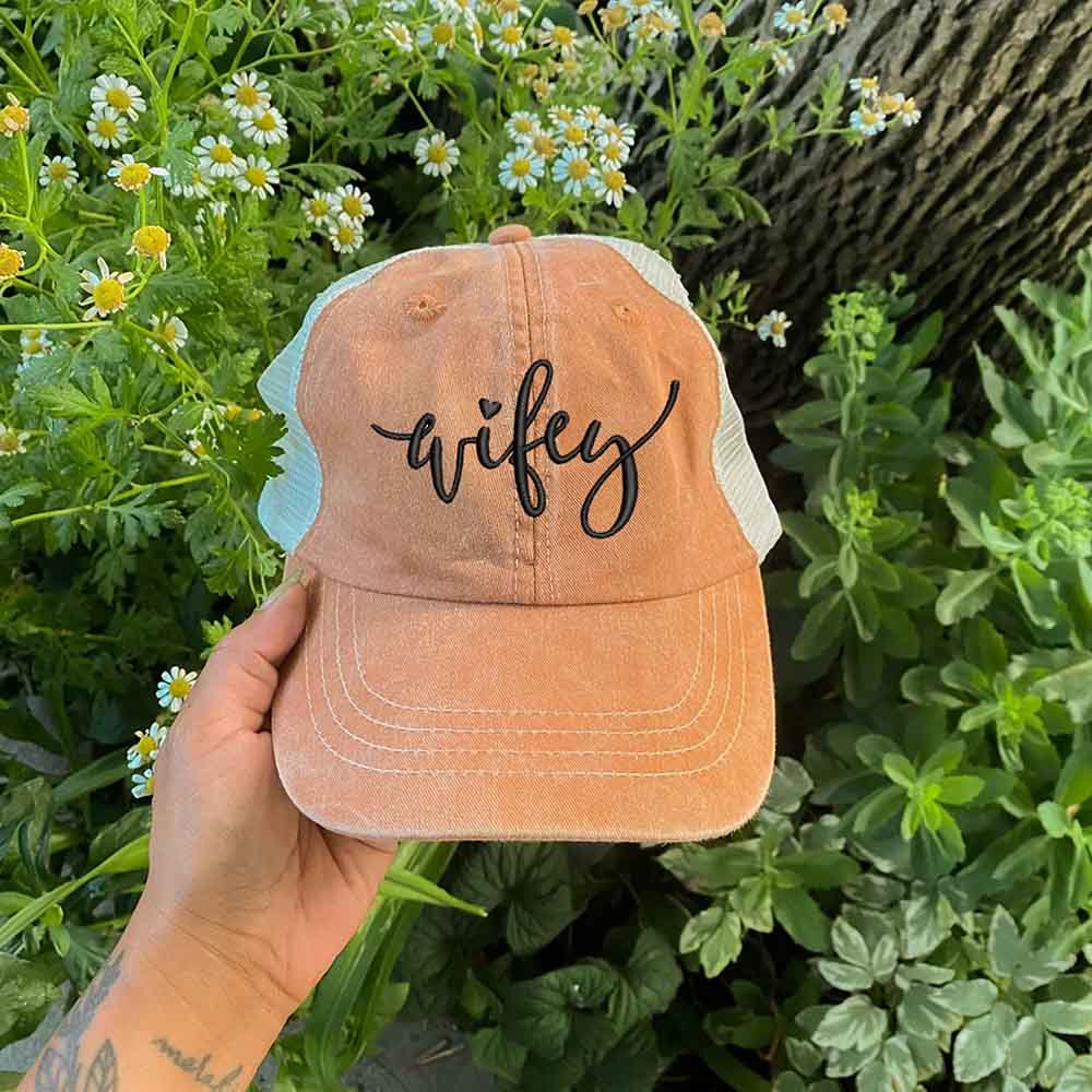 Embroidered Wifey/Hubby Pigment-Dyed Trucker Hat โ Anniversary Gift Cap