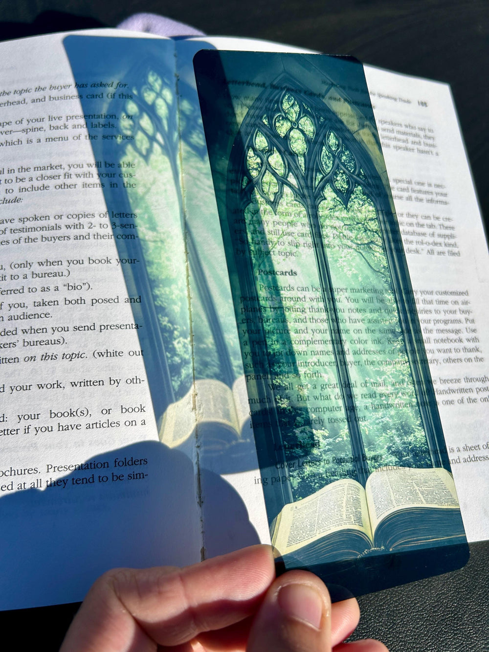 Bible Bookmark β Stained Glass Window Arch with Green Canopy & Glowing Light Over Ancient Open Book
