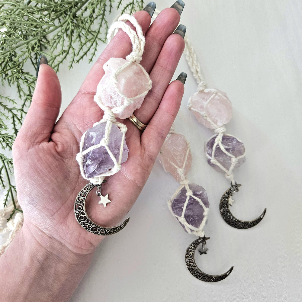 Macrame wrapped crystal rear view mirror charm. Amethyst and rose quartz. With moon charm.
