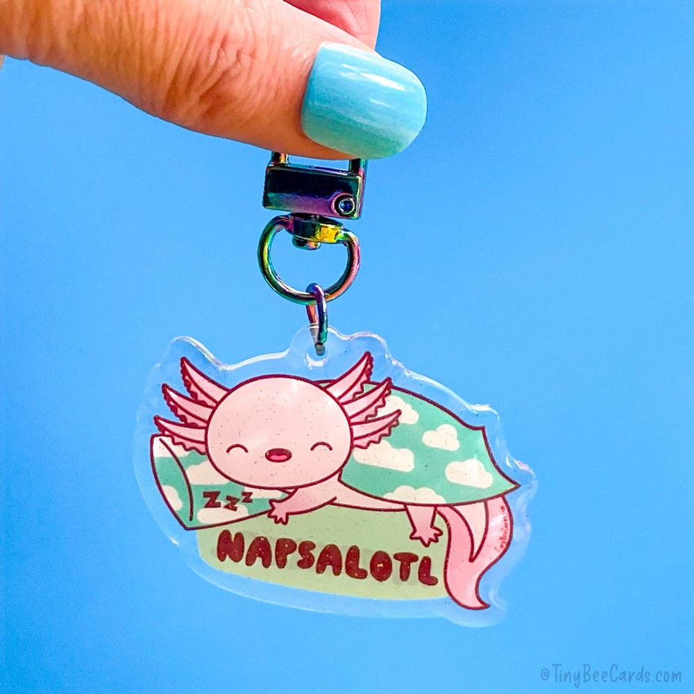 Axolotl "Napsalotl" Glitter Whimsical Acrylic Keychain