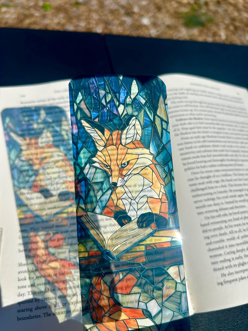 Wise Fox Bookmark with Stained Glass Forest and Open Book – Luminous Fantasy Art Celebrating Knowledge, the Sacred Power of Reading