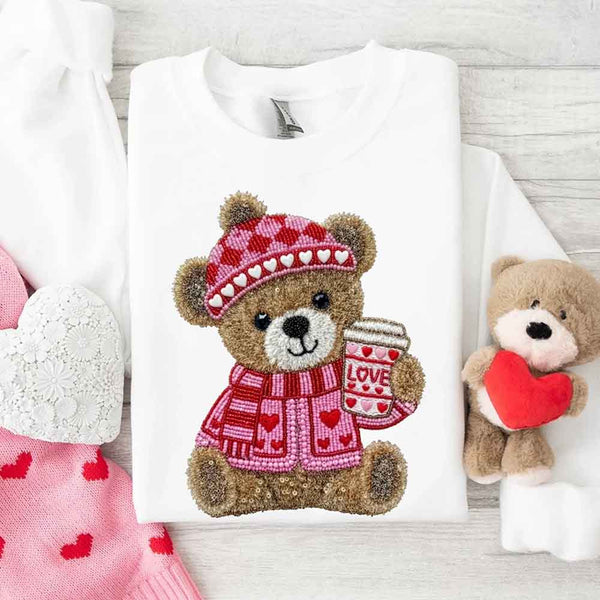 Love Coffee Teddy Valentine Sweatshirt – Furry Look 3D Print Sweater