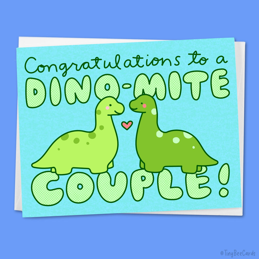 Cute Dinosaur Wedding Card "Congrats to a Dino-mite Couple!"