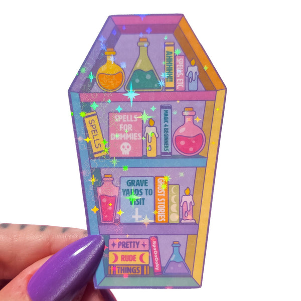 Pastel Goth Coffin Bookcase Sticker, 3 x 1.9 in.