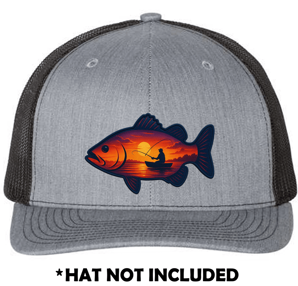 Fish with Sunset & Fisherman Scene UV Printed Hat Patch