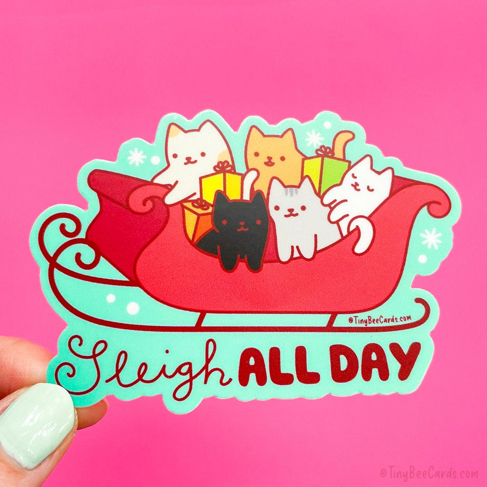 Christmas Cat Vinyl Sticker - Sleigh All Day