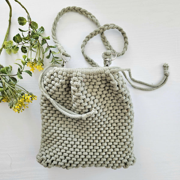 Drawstring adjustable macrame bag. Ready to ship
