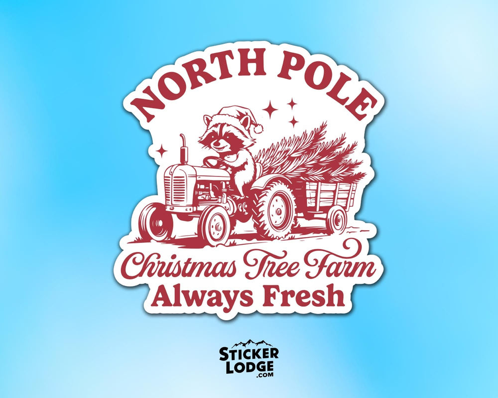 North Pole Christmas Tree Farm Raccoon Vinyl Sticker